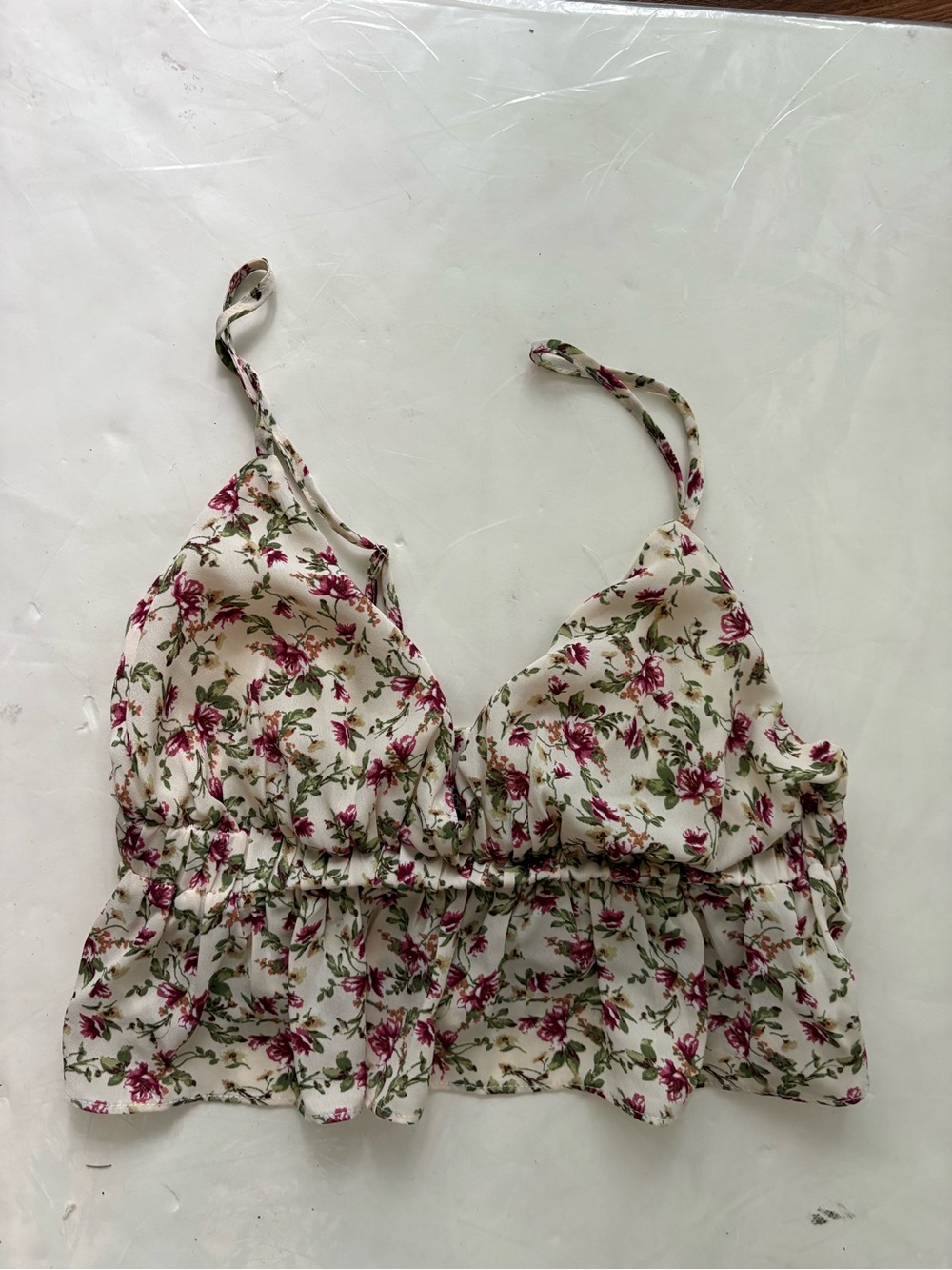 Blue Blush Ivory Floral Crop Cami with Pink Rose Print